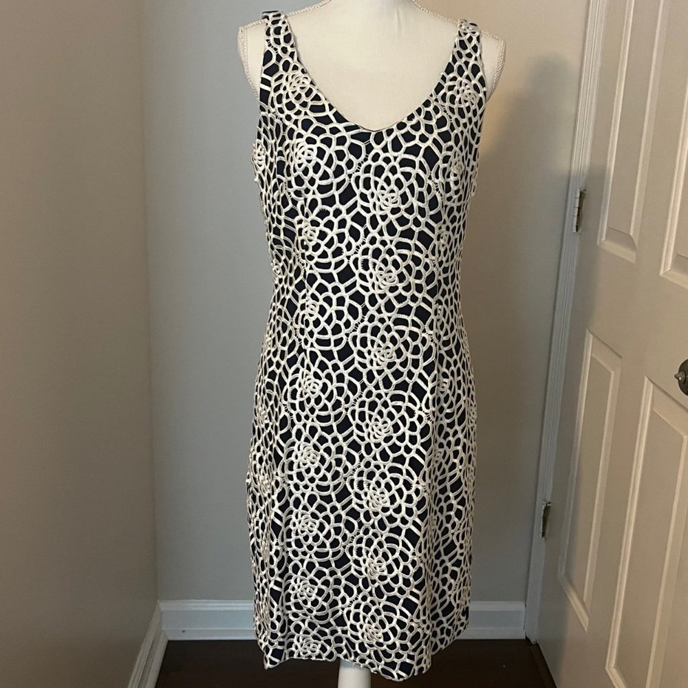 Lauren By Ralph Lauren Sleeveless Dress Size 8- Navy Blue/White Crochet Overlay